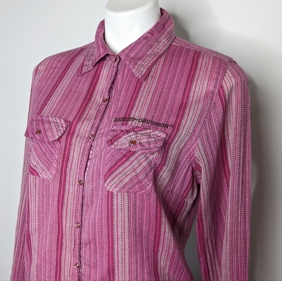Harley Davidson pink purple striped collared button up shirt L - Picture 2 of 9